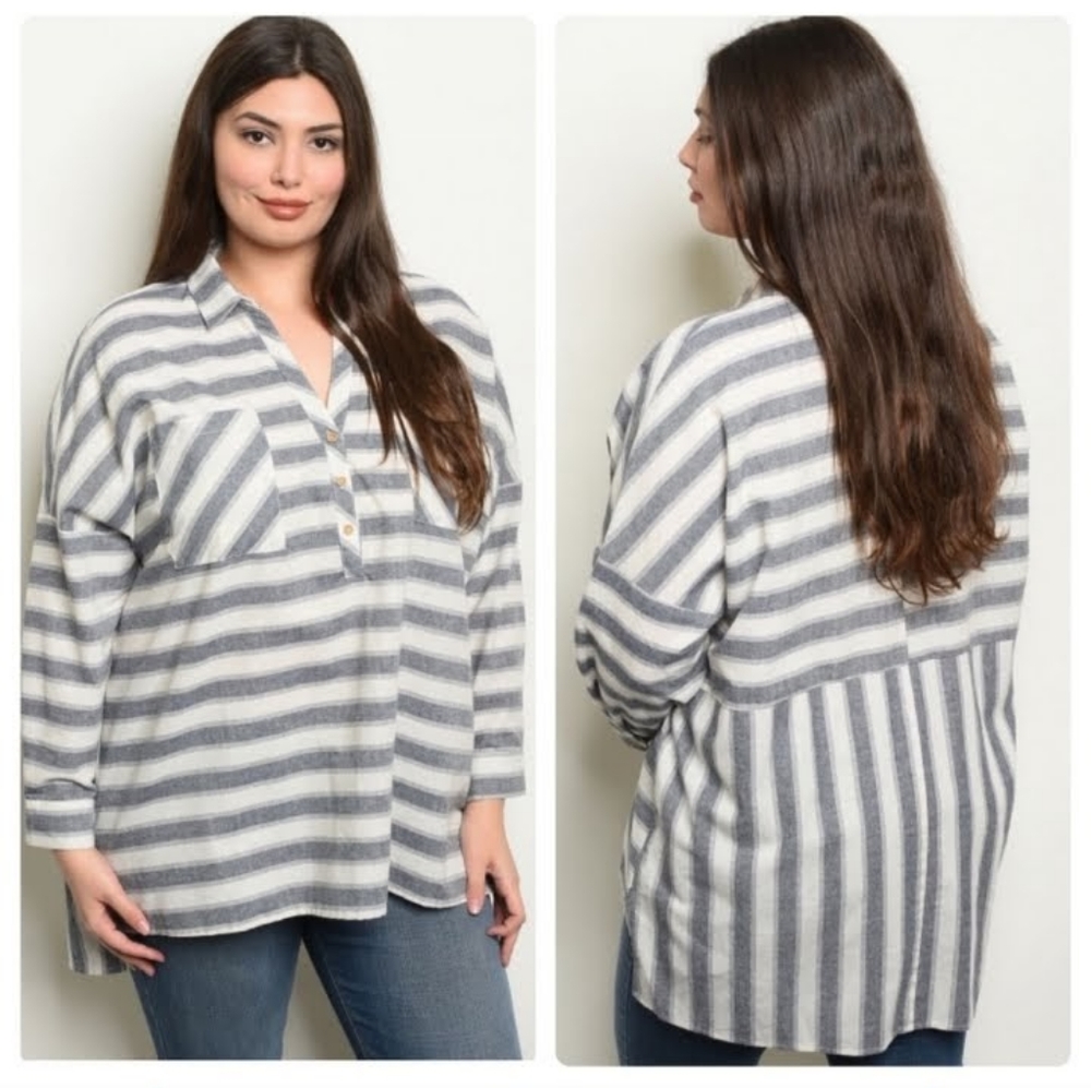 Cute Plus Size Navy and White Striped Top - Picture 1 of 5